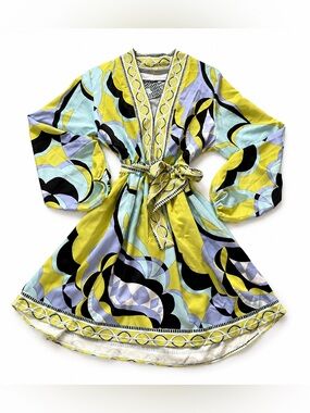 Printed Belted Casual Silky V-Neck Dress sz Medium 6 8 10 Like Pucci
